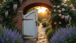 A wide-angle view of a tall white picket gate framed by climbing roses and wisteria, set in a weathered brick archway during golden hour, featuring aged copper hardware and a winding stone pathway lined with lavender.