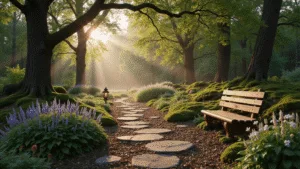 Creating Beautiful Gardens with Trees: Your Ultimate Guide to Woodland Landscaping A photorealistic woodland garden path at golden hour, lined with ancient trees and a weathered bench, featuring vibrant hostas, ferns, and bleeding hearts amidst dappled sunlight and morning mist, enhanced by copper lanterns and rich earth tones.