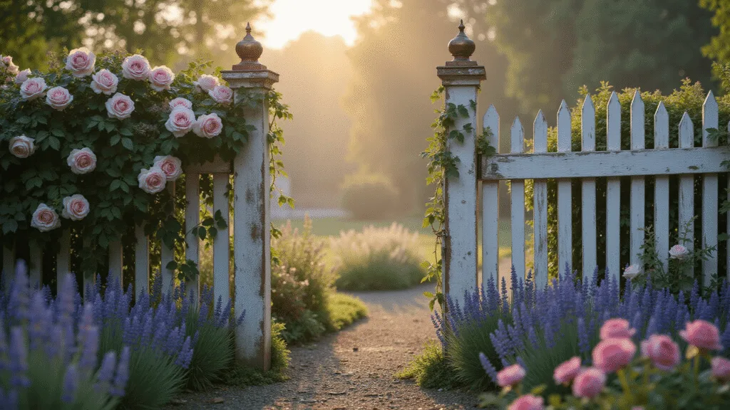 Enchanting Cottage Garden Fences: Your Ultimate Style Guide A romantic vintage cottage garden featuring a weathered white picket fence adorned with soft pink 'New Dawn' roses, blooming foxgloves, and a gravel path, all bathed in golden hour light with soft bokeh and ethereal mist.