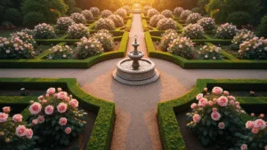 Aerial view of a formal English rose garden at golden hour, featuring symmetrical design with pink and cream David Austin roses, a limestone fountain, and boxwood hedges, all illuminated by warm sunlight.