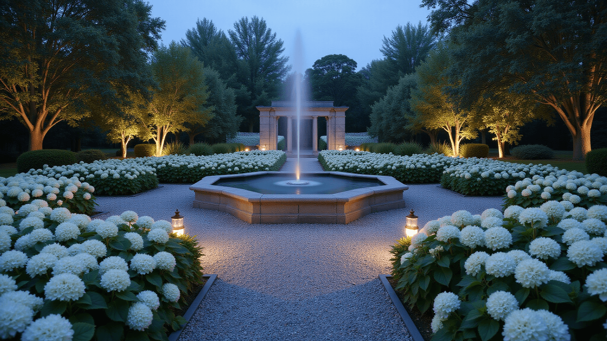 A cinematic wide-angle view of an ethereal twilight garden featuring white hydrangeas, silver-leafed artemisia, and a weathered stone fountain, under cool blue hour lighting with warm uplighting on plants, creating a dreamy, mystical atmosphere.