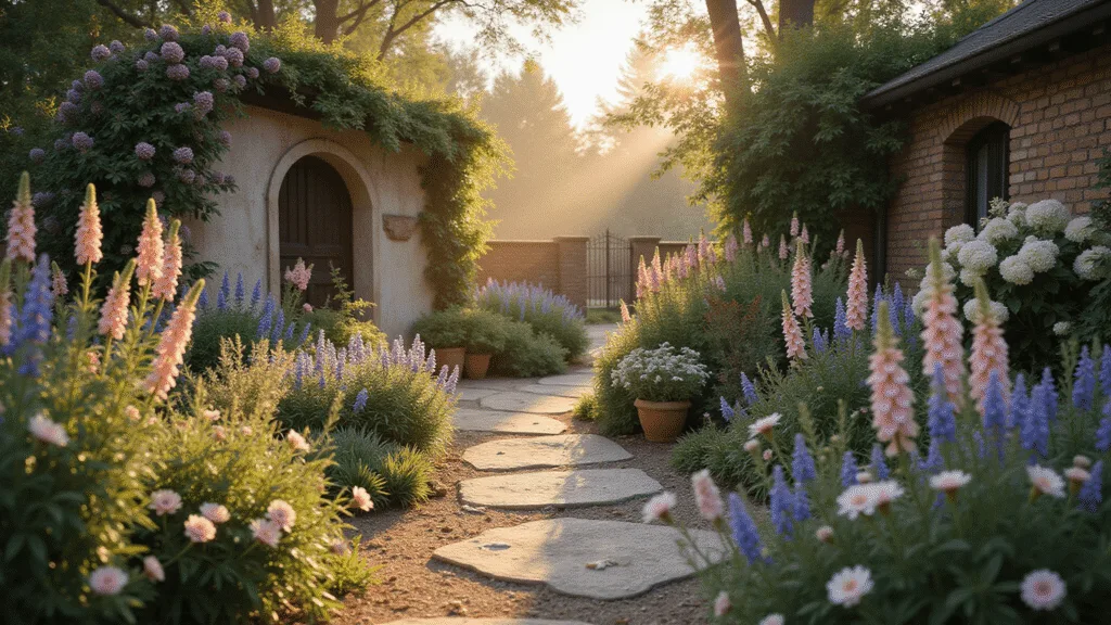 Creating a Dreamy French Cottage Garden: Your Ultimate Guide A dreamy French cottage garden at golden hour, featuring lavender, 'New Dawn' roses, peonies, and foxgloves, with a winding stone pathway, vintage pots, and soft mist creating a romantic atmosphere.