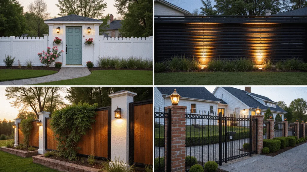 Front Garden Fence Ideas: Transform Your Outdoor Space with Style A cinematic collage showcasing four front garden fence styles at golden hour: a white picket fence adorned with pink roses, a modern black slat fence with LED uplighting, a rustic cedar fence with climbing ivy, and an ornate wrought iron estate fence with gold-leafed finials, all captured in high detail with dramatic lighting and a professional photography aesthetic.