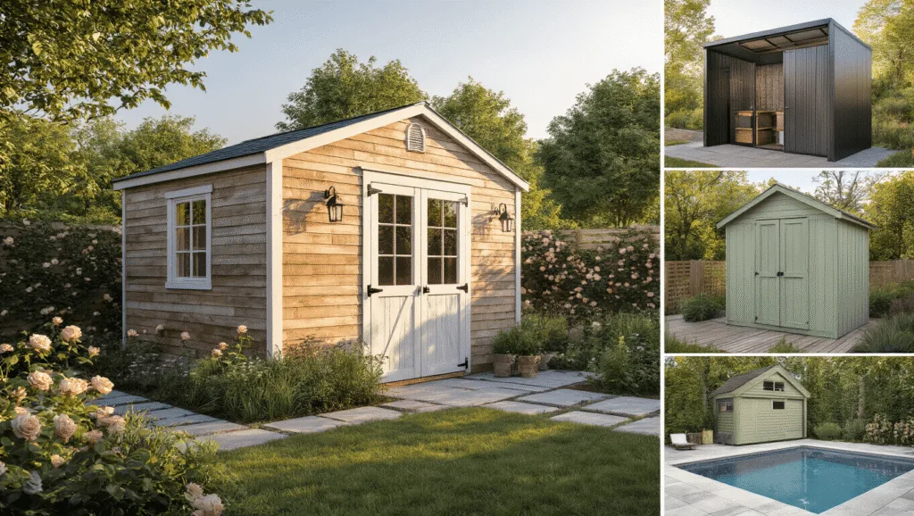 Small Garden Shed: Your Ultimate Space-Saving Storage Solution Photorealistic image of a garden shed collection featuring a classic wooden shed with weathered cedar planks and French doors, surrounded by climbing roses and a cottage garden, along with modern and traditional shed variations, all captured in golden hour lighting with cinematic color grading and shallow depth of field.