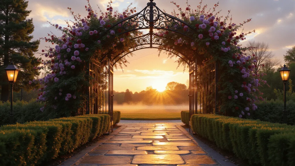 Garden Arch Trellis Ideas: Transform Your Outdoor Space with Vertical Elegance A grand garden entrance featuring a 12-foot ornate metal arch trellis adorned with burgundy climbing roses and purple clematis, illuminated by a golden sunset, with a weathered stone pathway and manicured box hedges flanking the sides, vintage copper lanterns casting warm light, captured in hyperrealistic style with shallow depth of field and soft bokeh, emphasizing warm tones and deep greens.