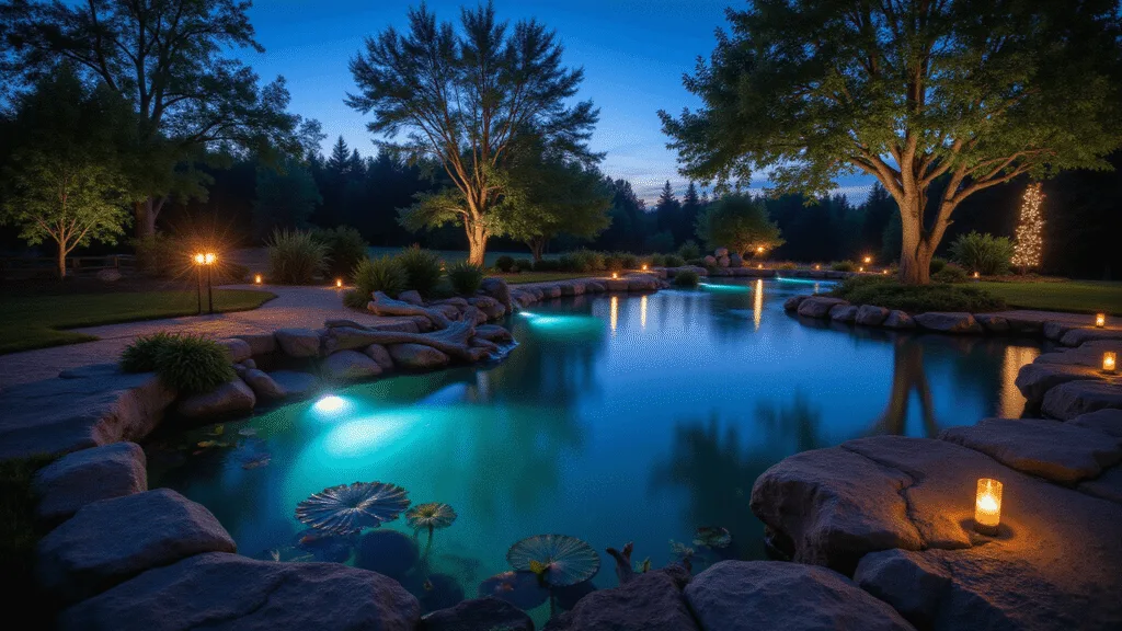 Cinematic nighttime photograph of a tranquil garden pond illuminated with ethereal blue-green LED lights, warm amber pathway lights, and twinkling fairy lights, featuring silhouetted Japanese maple trees and mist over the water's surface, captured in serene blue hour.
