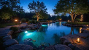 Garden Ponds at Night: Transform Your Backyard into a Magical Nighttime Oasis Cinematic nighttime photograph of a tranquil garden pond illuminated with ethereal blue-green LED lights, warm amber pathway lights, and twinkling fairy lights, featuring silhouetted Japanese maple trees and mist over the water's surface, captured in serene blue hour.