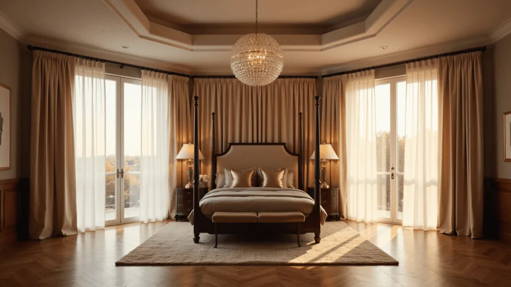 Bedroom Curtain Ideas: Transform Your Space with Modern Design Trends A luxurious master bedroom featuring floor-to-ceiling windows with dual-layer curtains, an elegant four-poster bed, and a crystal chandelier, bathed in warm golden hour light.