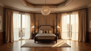 Bedroom Curtain Ideas: Transform Your Space with Modern Design Trends A luxurious master bedroom featuring floor-to-ceiling windows with dual-layer curtains, an elegant four-poster bed, and a crystal chandelier, bathed in warm golden hour light.