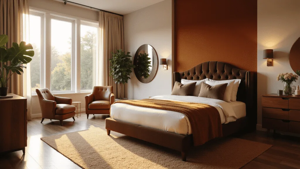 Brown Bedroom Ideas: Transform Your Space with Warmth and Style A luxurious brown bedroom showcasing golden hour lighting, featuring a king-size bed with a tufted chocolate brown velvet headboard, layered bedding, and a vintage cognac leather armchair, all set against an umber accent wall and weathered oak flooring.