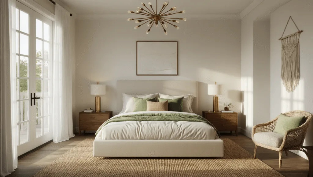 Primary Bedroom Ideas: Transform Your Personal Sanctuary in 2024 Photorealistic interior of a serene primary bedroom at golden hour, featuring a king-sized bed with ivory linen, textured pillows, walnut nightstands with brass lamps, and a jute rug. Sheer curtains billow softly, and a macramé wall hanging decorates the headboard. The warm light from a modern chandelier enhances the cinematic atmosphere, captured from a doorway perspective.