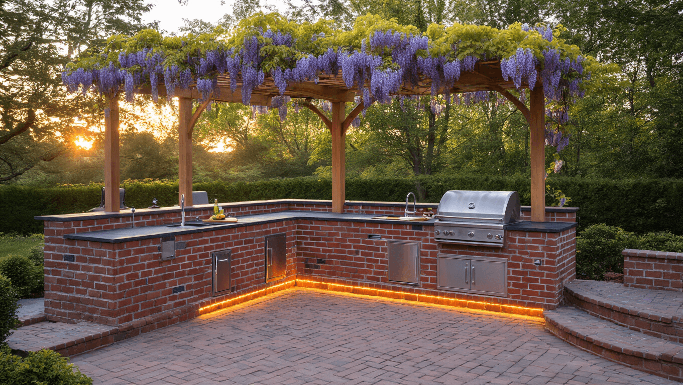 Photorealistic image of a luxurious L-shaped brick BBQ station at golden hour, featuring custom herringbone-patterned red clay bricks, polished granite countertops, and a cedar pergola draped in wisteria, with integrated LED lighting and a curved seating area with navy cushions.