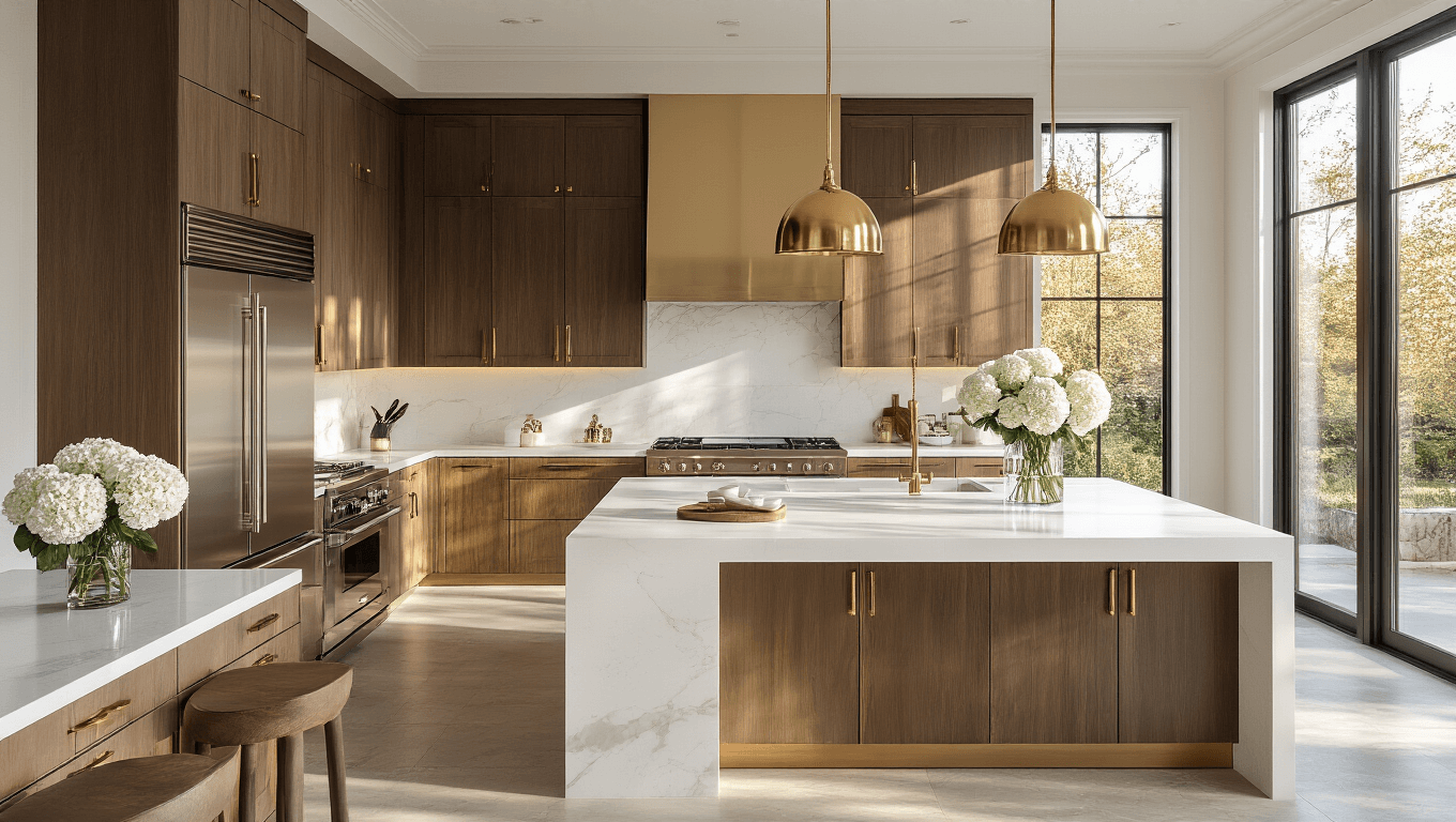 Photorealistic high-end kitchen featuring espresso-stained cabinets, a white quartz waterfall island, and brass pendant lights, illuminated by warm golden hour lighting, with stainless steel appliances and minimal decor including fresh white hydrangeas.