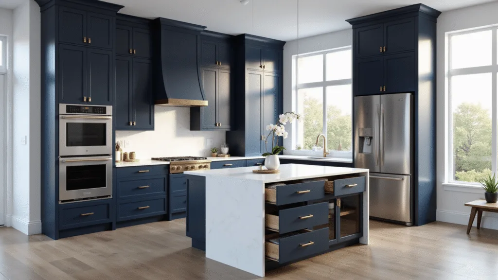 Kitchen Cabinets: Your Ultimate Guide to Choosing the Perfect Storage Solution Photorealistic image of a spacious contemporary kitchen featuring deep navy blue wood cabinets, brass hardware, and pristine white quartz countertops, illuminated by natural morning sunlight through floor-to-ceiling windows, with a central island and high-end appliances, styled minimalistically.