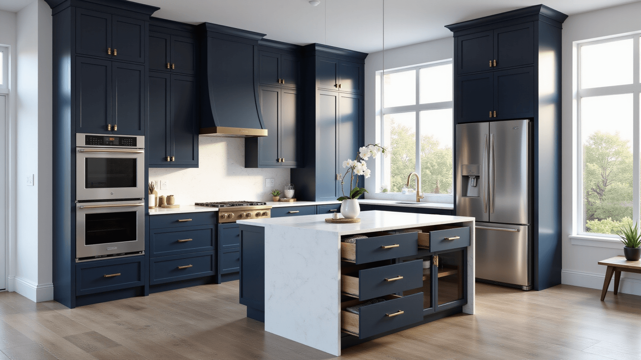Photorealistic image of a spacious contemporary kitchen featuring deep navy blue wood cabinets, brass hardware, and pristine white quartz countertops, illuminated by natural morning sunlight through floor-to-ceiling windows, with a central island and high-end appliances, styled minimalistically.