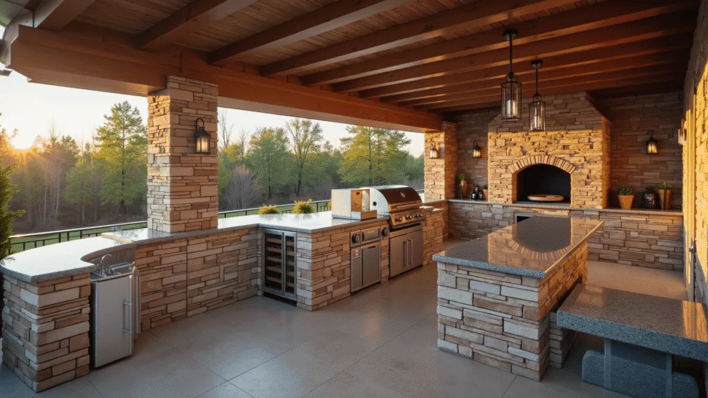 Create Your Dream Backyard Kitchen: The Ultimate Guide to Outdoor Cooking Spaces Photorealistic wide-angle shot of a luxurious L-shaped outdoor kitchen during golden hour, featuring a stainless steel grill, waterfall granite countertops, stone veneer walls, and a cedar wood pergola, with modern pendant lighting, a built-in wine fridge, and a brick pizza oven, surrounded by fresh herbs in terracotta planters.