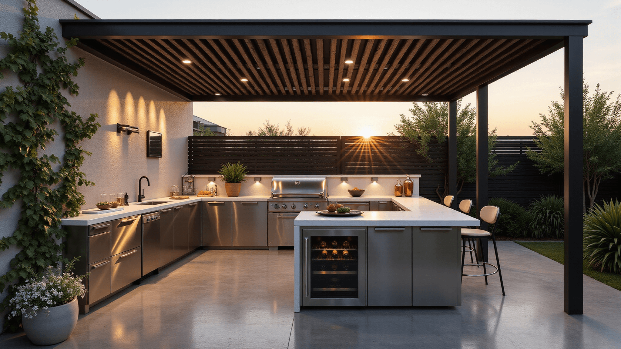 Photorealistic outdoor kitchen under a sleek black aluminum pergola at sunset, featuring white quartz countertops, stainless steel appliances, ambient LED lighting, and climbing jasmine vines, captured in ultra-detailed 8k resolution with dramatic shadows and cinematic lighting.
