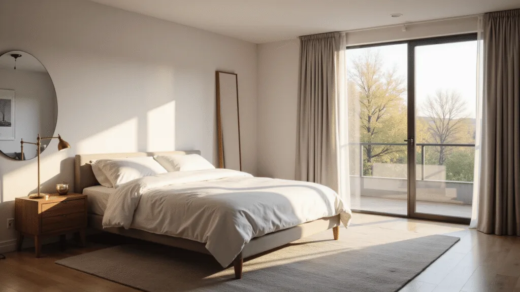 Small Bedroom Layout Ideas: Transforming Tiny Spaces into Functional Sanctuaries A minimalist Scandinavian bedroom bathed in morning light, featuring a queen bed with white linens, brass accents, walnut nightstands, and hardwood floors, complemented by a floor-length mirror and dramatic shadows.