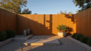 Cinematic wide-angle shot of a contemporary bamboo privacy fence during golden hour, showcasing vertical bamboo poles casting long shadows over a minimalist zen garden with raked gravel patterns and succulent planters, against a warm sunset sky.