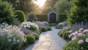 Creating a Modern Cottage Garden: Your Ultimate Design Guide A photorealistic image of a modern cottage garden at golden hour, featuring a winding slate pathway, silvery lamb's ear, white cosmos flowers, blush pink David Austin roses, purple lavender, white hydrangea, and black metal archway, with a soft pastel color palette and natural bokeh effect.