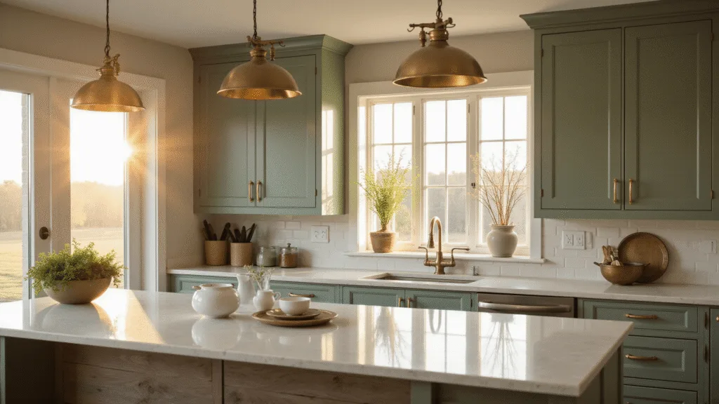 Painted Kitchen Cabinets: Your Ultimate DIY Transformation Guide Cinematic interior of a sun-drenched modern farmhouse kitchen with sage green cabinets, brass hardware, and white quartz countertops, featuring a weathered oak island and vintage-style pendant lights, captured in ultra-high resolution with hyperrealistic details and warm golden tones.