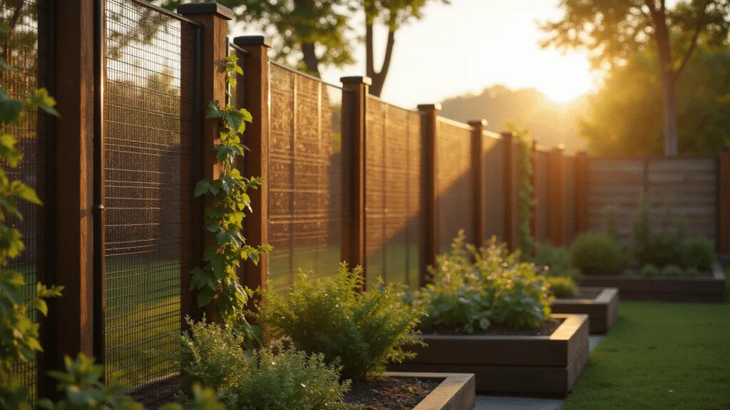 Garden Fence Ideas: Transform Your Outdoor Space with Style and Function Photorealistic wide-angle shot of a contemporary cedar garden fence at golden hour, featuring black wire mesh panels and climbing jasmine vines, with raised vegetable beds and soft bokeh in the background.