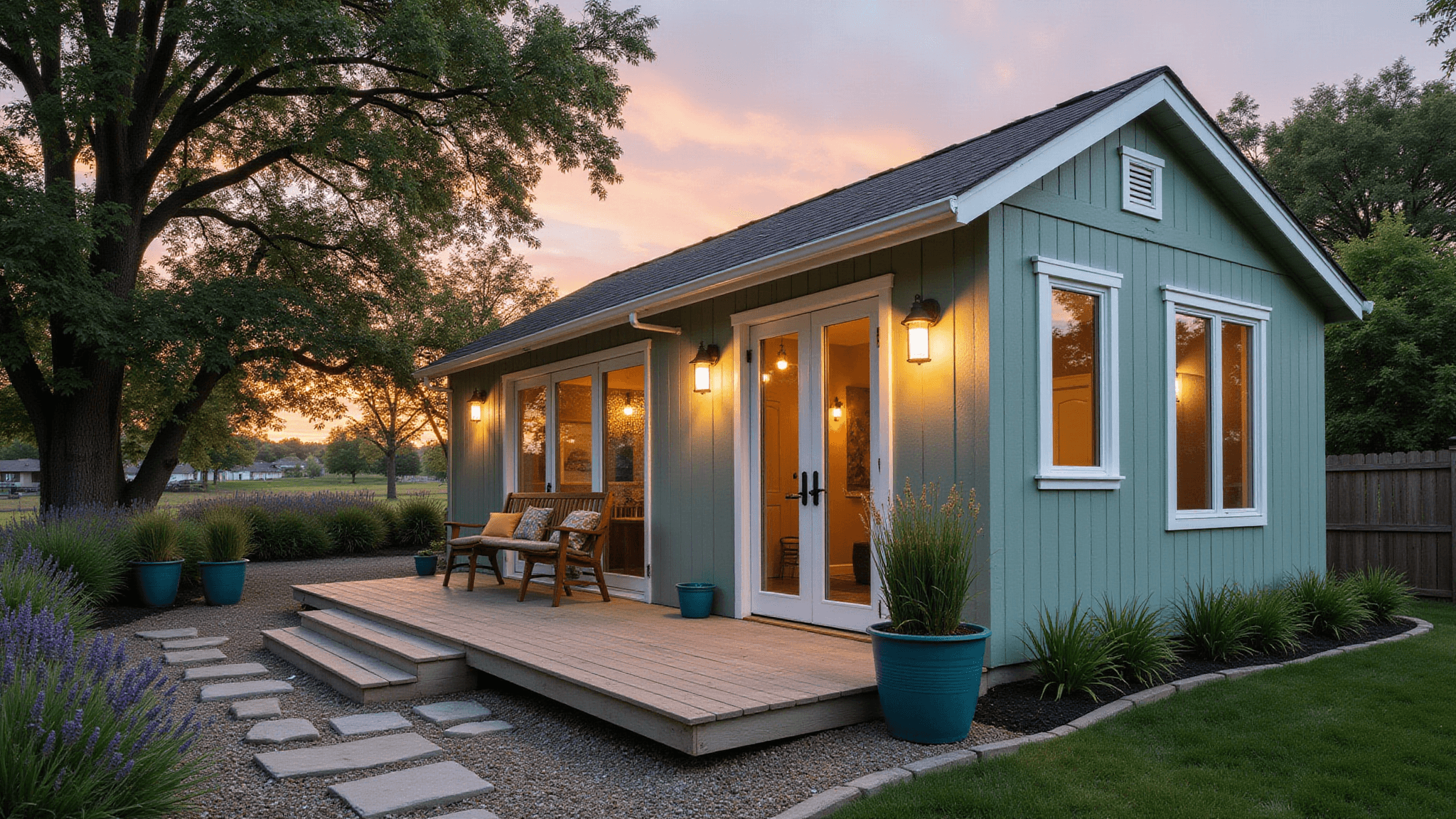 Ultrawide cinematic photograph of a modern garden shed in soft sage green with white trim, featuring floor-to-ceiling windows, French doors, a minimalist floating deck, and surrounded by ornamental grasses and lavender, all captured at golden hour in photorealistic detail.