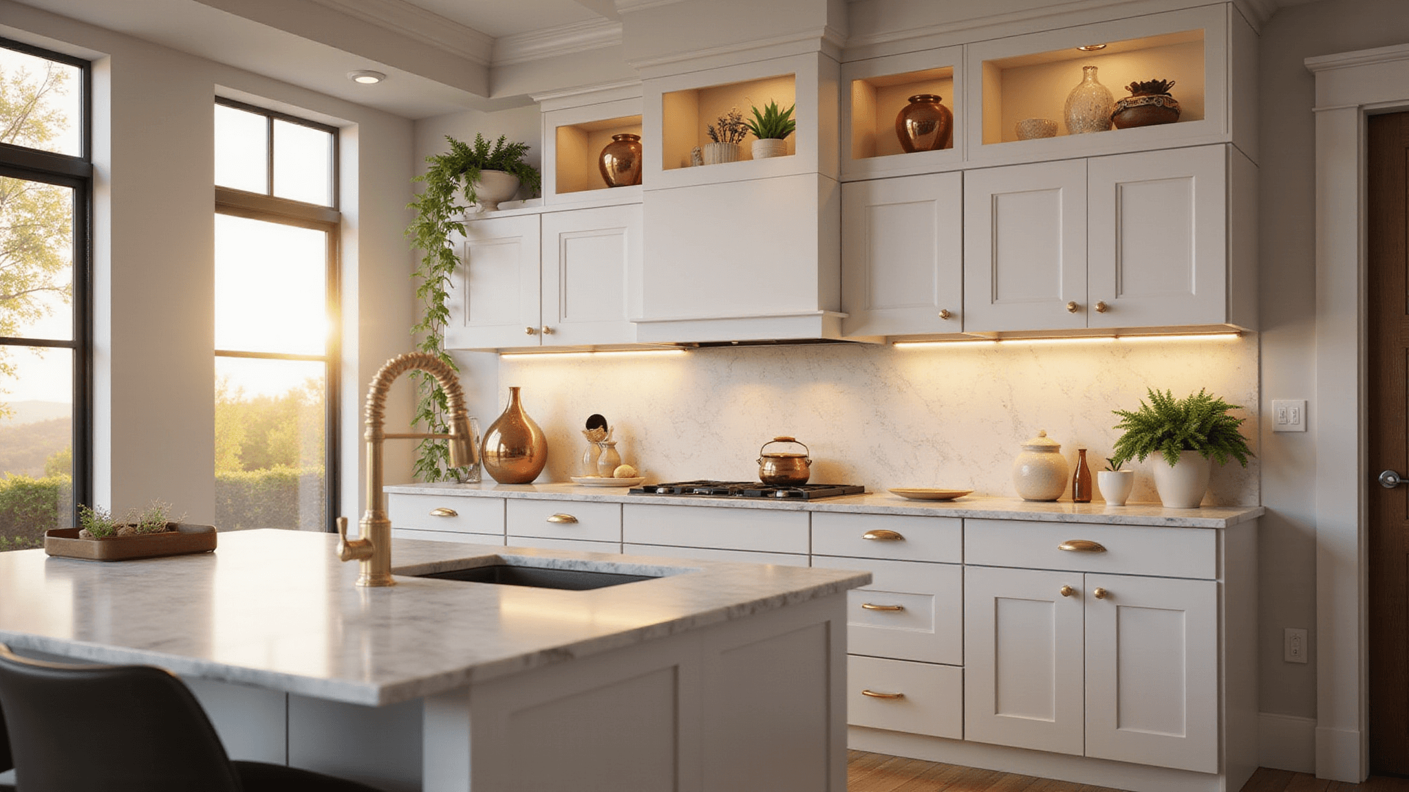Photorealistic image of a luxury kitchen showcasing white shaker cabinets with glass fronts, vintage copper vessels, and trailing pothos plants, illuminated by golden hour light.
