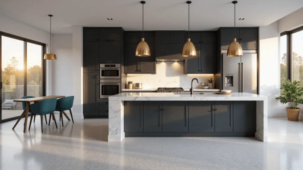 Dark Grey Kitchen Cabinets: The Ultimate Style Statement for Modern Homes Photorealistic image of a modern luxury kitchen featuring dark charcoal grey cabinets, a large waterfall quartz island, and floor-to-ceiling windows, illuminated by brass pendant lights.