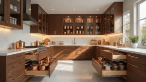 Photorealistic image of a luxurious modern kitchen with organized walnut cabinets featuring glass fronts, chrome pull-out trays, tiered spice racks, and bamboo dividers, all illuminated by warm golden hour sunlight and professional lighting.