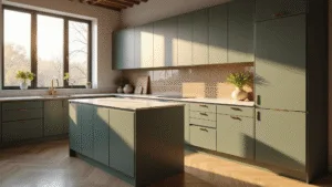Sage Kitchen Cabinets: Your Ultimate Guide to Trendy, Serene Styling Photorealistic modern kitchen interior with sage green cabinets, brass hardware, quartz island, and Moroccan tile backsplash, illuminated by warm golden hour sunlight.