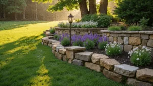 Cinematic landscape of a winding stone garden border at golden hour, showcasing natural limestone blocks with moss, separating a manicured lawn from a layered perennial garden, with sunlight filtering through maple trees and a vintage copper lantern accentuating the curves.