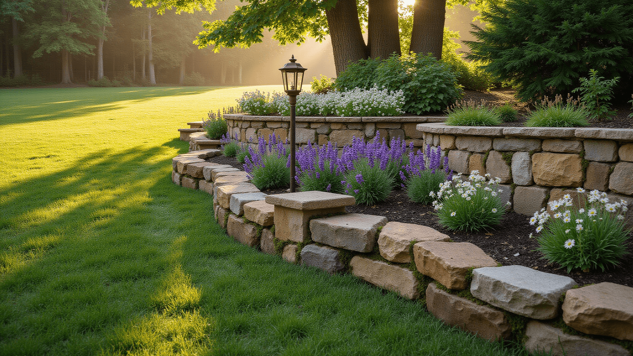 Cinematic landscape of a winding stone garden border at golden hour, showcasing natural limestone blocks with moss, separating a manicured lawn from a layered perennial garden, with sunlight filtering through maple trees and a vintage copper lantern accentuating the curves.
