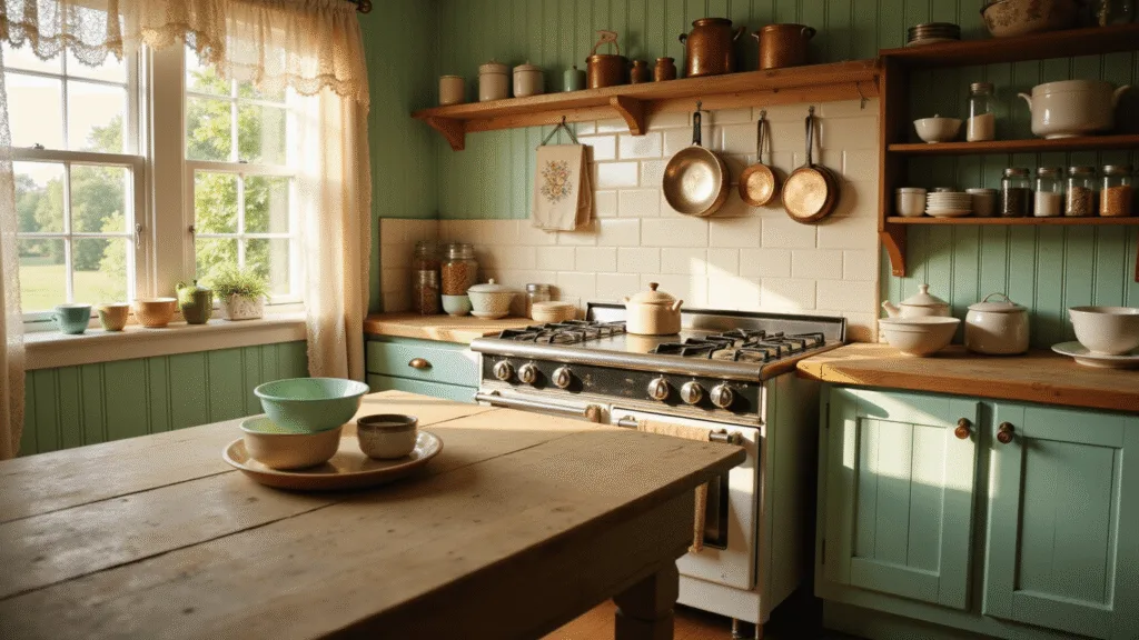 Grandmacore Kitchen: Bringing Nostalgic Comfort to Your Culinary Space A sunlit farmhouse kitchen with mint green beadboard walls, a vintage white enamel stove, and a weathered oak island topped with pastel Pyrex bowls. Lace curtains filter warm light across butcher block counters, with mason jars and a rustic spice rack adding to the nostalgic ambiance. The image captures a cozy, inviting atmosphere, emphasizing warm colors and soft bokeh effects.