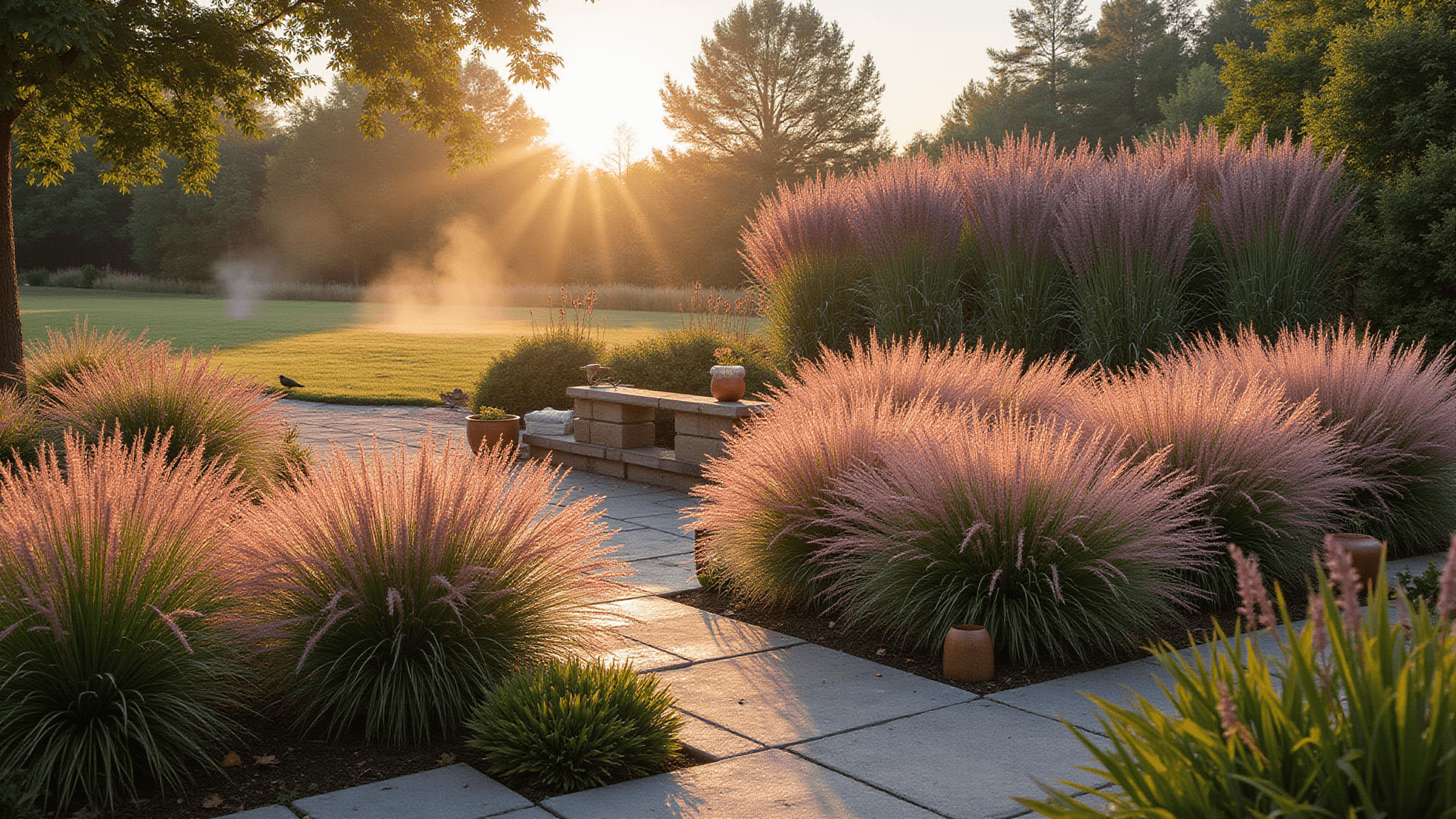A picturesque layered garden landscape at golden hour featuring pink muhly grass in the foreground, dramatic fountain grass in the mid-ground, and towering Miscanthus maiden grass in the background, all highlighted by soft golden sunlight, morning dew, and a subtle mist, with decorative elements like copper planters and weathered stone pathways.