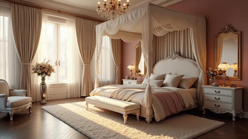 Romantic Bedroom Ideas: Creating Your Ultimate Love Haven A luxurious master bedroom at golden hour, featuring a king-size canopy bed with silk curtains, layered bedding in soft colors, antique nightstands with ambient lamps, and a crystal chandelier, all captured in a cinematic wide-angle shot with ethereal lighting and rich textures.