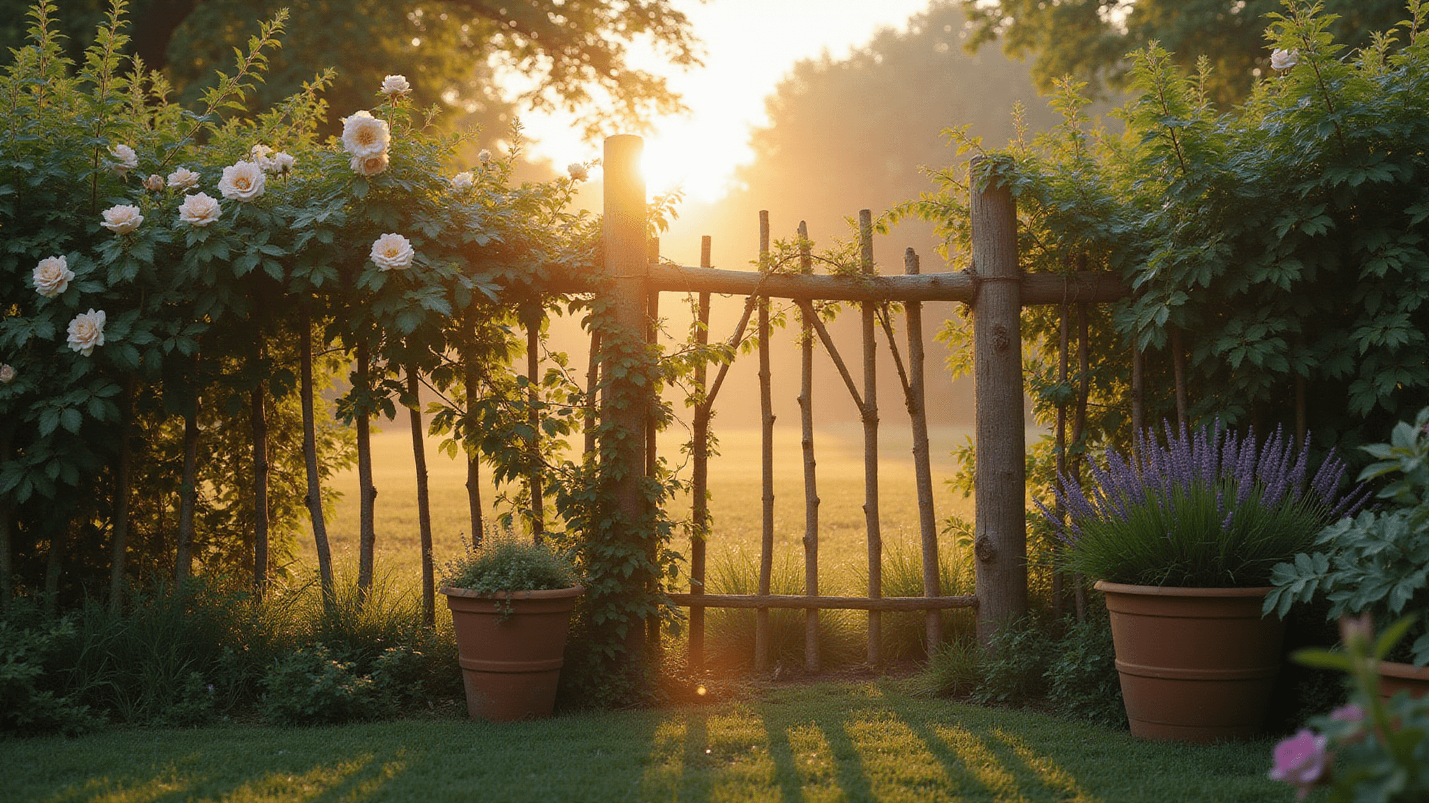 A photorealistic wide-angle shot of a rustic 8-foot handwoven wattle fence made from weathered birch branches, adorned with climbing pale pink roses. Morning mist hovers above dew-covered grass catching golden sunlight. Vintage terracotta pots filled with lavender are placed at the fence's base. Sunlight filters through branches, creating an atmospheric effect enhanced by soft bokeh in the foreground, with a shallow depth of field focusing on the fence's textures. The image features cinematic color grading with warm highlights and cool shadows, in a 16:9 aspect ratio at 8K resolution, capturing the essence of a tranquil sunrise garden scene.