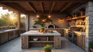 A breathtaking wide-angle view of a luxurious rustic outdoor kitchen at golden hour, highlighting a granite island, wood-fired pizza oven, and ambient lighting, surrounded by natural elements.