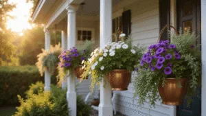 Beautiful Hanging Basket Plant Ideas: Transform Your Garden Oasis A sunlit Victorian porch featuring vintage copper hanging baskets overflowing with purple petunias, white calibrachoa, and silver dichondra, captured in golden hour lighting with a soft bokeh background.