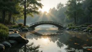 A serene Japanese garden pond at dawn, featuring a curved wooden bridge reflected in mirror-like water, framed by cloud-pruned pine trees and moss-covered rocks, with early morning mist and golden sunrise light illuminating the scene. Koi fish swim beneath lotus flowers, while stepping stones and manicured azalea bushes create a tranquil atmosphere in soft earth tones.