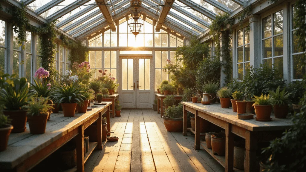 Gardens with Greenhouses: Your Ultimate Guide to Year-Round Growing Magic Interior of a Victorian greenhouse at golden hour, featuring intricate wrought iron shadows, lush orchids and ferns in terracotta pots, and antique gardening tools, with warm sunlight streaming through glass panels and creating a dreamy bokeh effect.