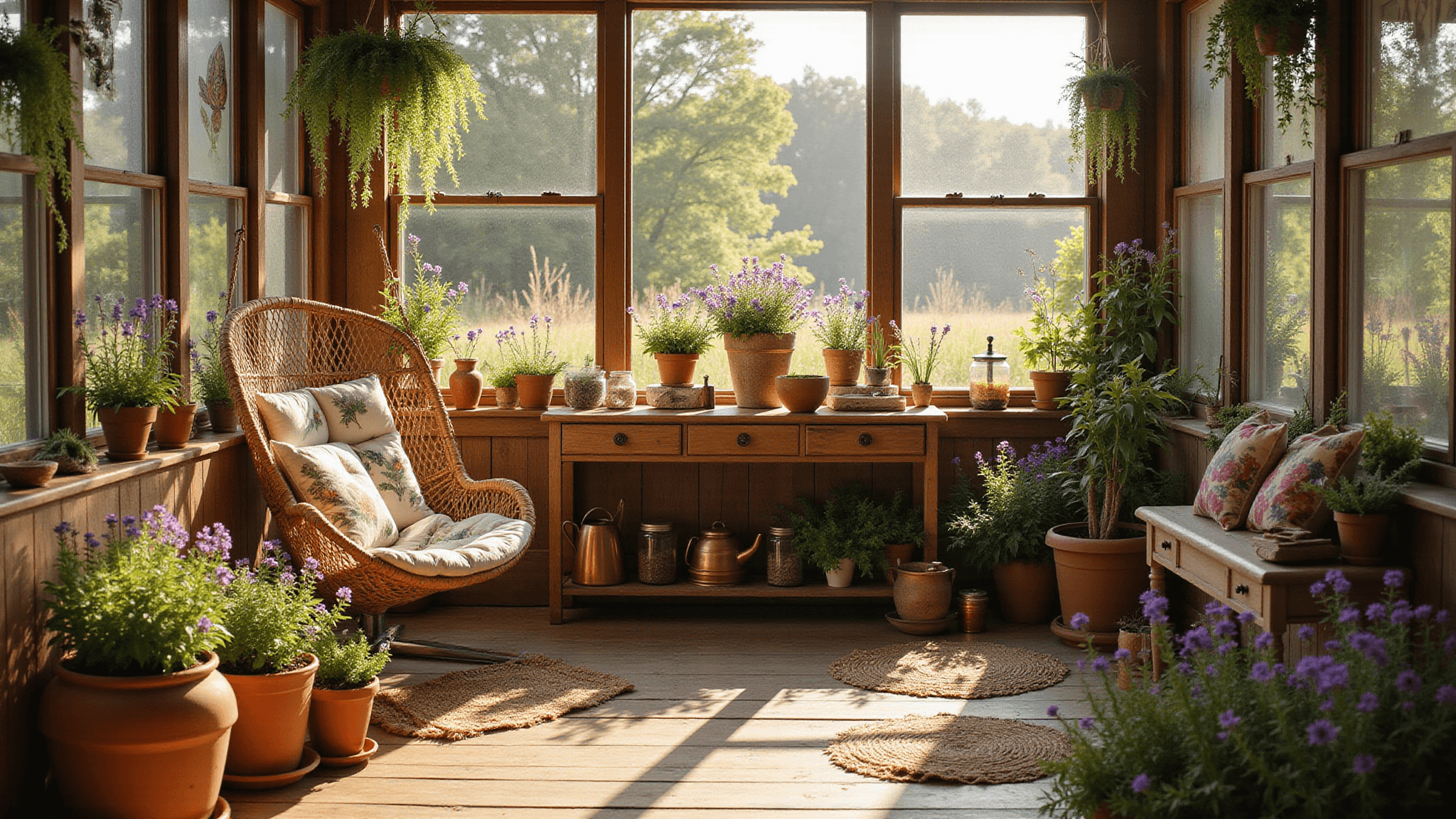 A dreamy garden sanctuary filled with native wildflowers in bloom, featuring a vintage potting station, dappled sunlight, and warm earth tones, captured during golden hour with hyperrealistic detail.