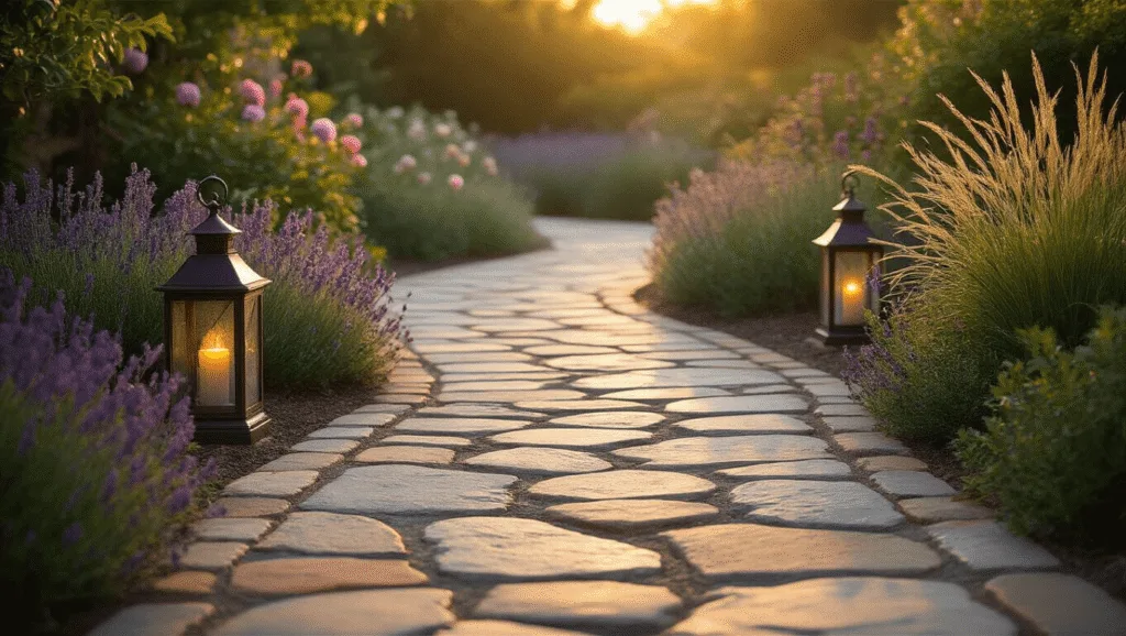 Creating the Perfect Stone Garden Path: Your Ultimate Design Guide A winding flagstone garden path at golden hour, surrounded by lush cottage plants, with dappled shadows, weathered lanterns, and creeping thyme, creating a warm, inviting scene.