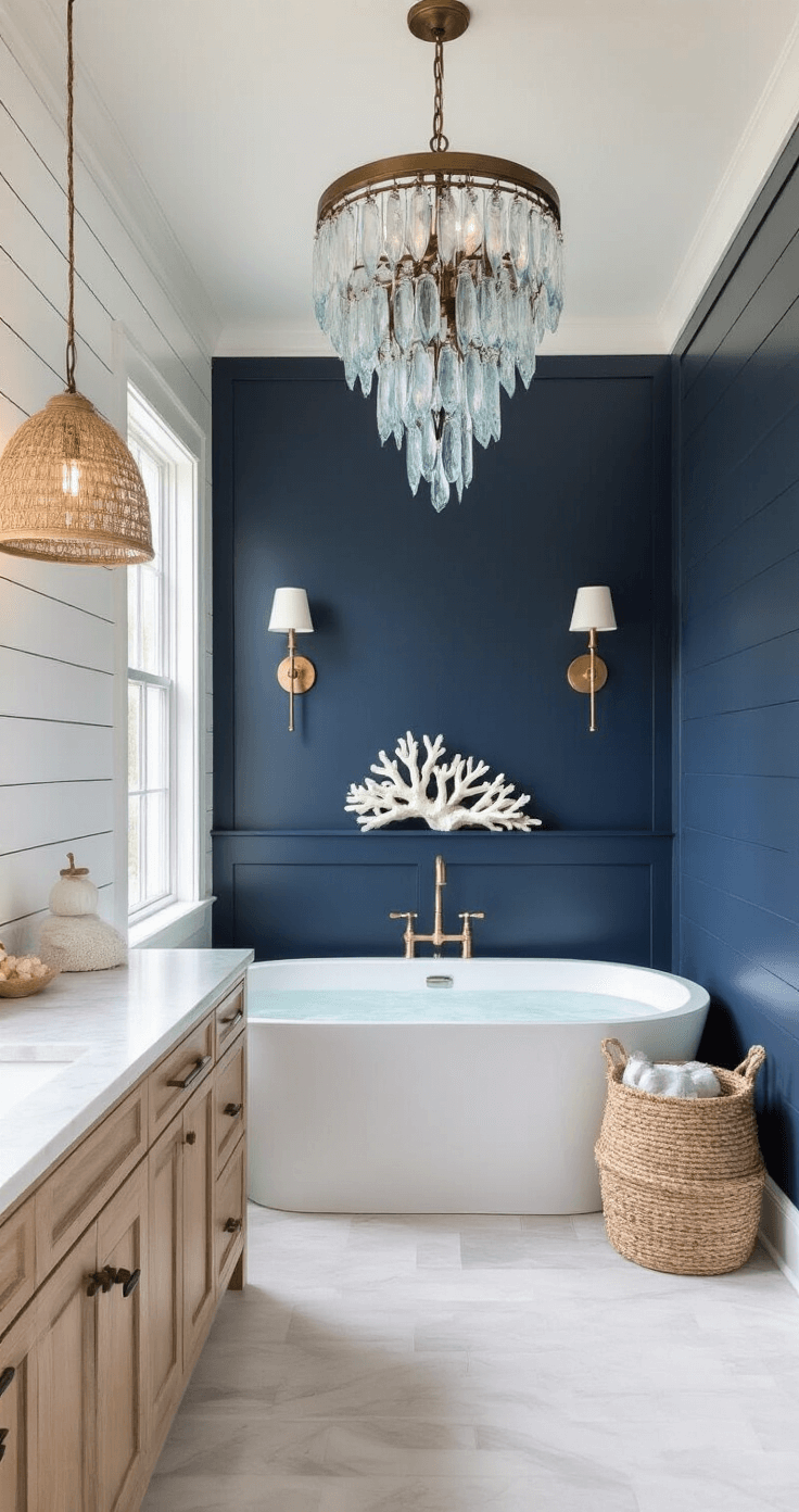 Luxurious 12x15 bathroom featuring white shiplap walls, a navy blue accent wall, an oversized soaking tub beneath a chandelier, a double vanity in bleached oak with marble, and decor elements like coastal art, woven pendant lights, and coral specimens.