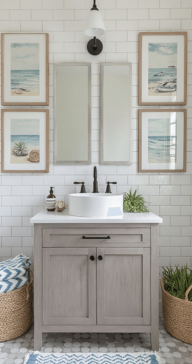 A symmetrical guest bathroom with pearl-white subway tiles, a driftwood gray floating vanity with a white vessel sink, modern matte black fixtures, framed vintage seaside prints, geometric Turkish towels, sea grass baskets, and air plants, all illuminated by morning light.