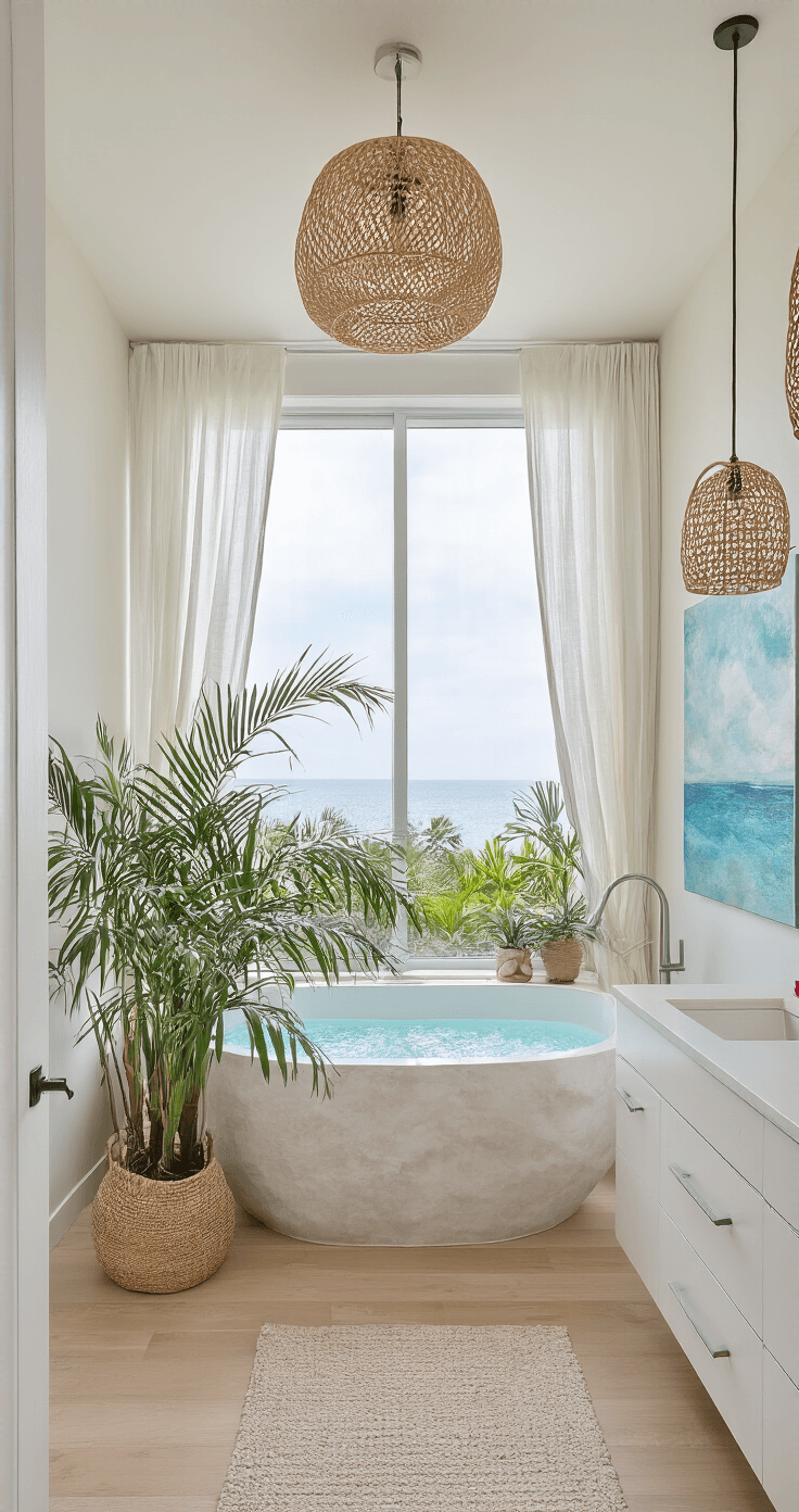 Corner view of a spa-inspired bathroom featuring floor-to-ceiling windows with sheer linen curtains, a freestanding stone tub on light oak flooring, a modern white floating vanity with a waterfall quartz countertop, potted palms, oversized ocean artwork, woven pendant lights, and a color palette of soft whites, aqua blues, and sandy beige accents.
