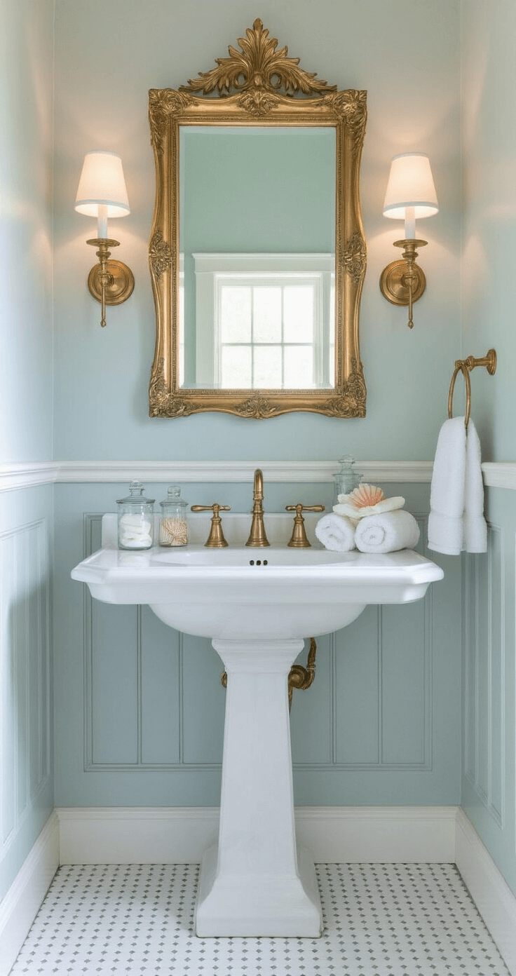 An intimate ensuite bathroom featuring pale blue-gray walls, a vintage pedestal sink, ornate gold mirror, and brass sconces, photographed from a low angle to highlight vertical space, with soft evening light and white penny tile flooring adorned with glass jars, rolled towels, and coral accents.