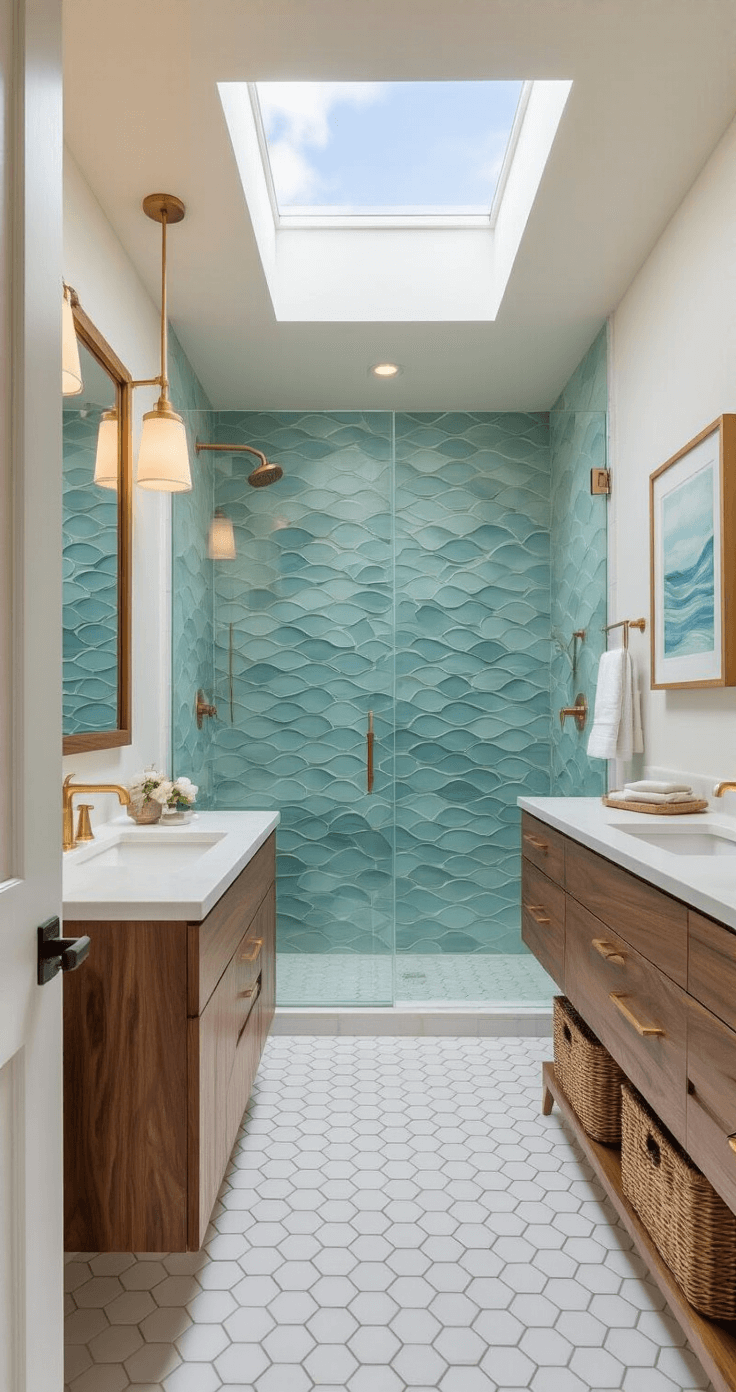 A spacious modern bathroom with a white marble hexagon floor, featuring a walnut vanity with integrated lighting, a frameless mirror, a glass shower with blue wave-pattern tiles, and coastal decor elements, all illuminated by natural light from a skylight.