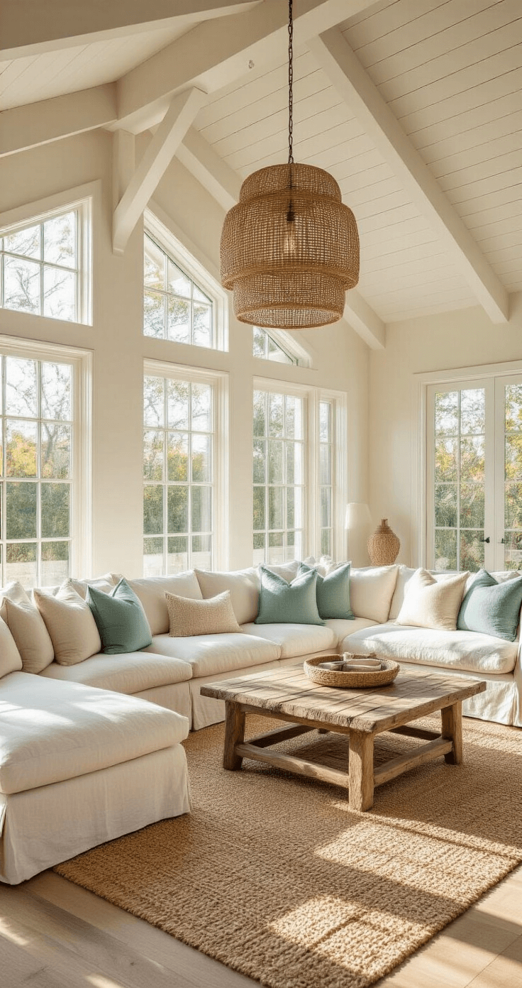A spacious sunlit living room featuring towering cathedral ceilings, a plush ivory sectional with seafoam and sand-colored pillows, a driftwood coffee table on a jute rug, and a rattan pendant light, all bathed in warm afternoon light streaming through floor-to-ceiling windows.