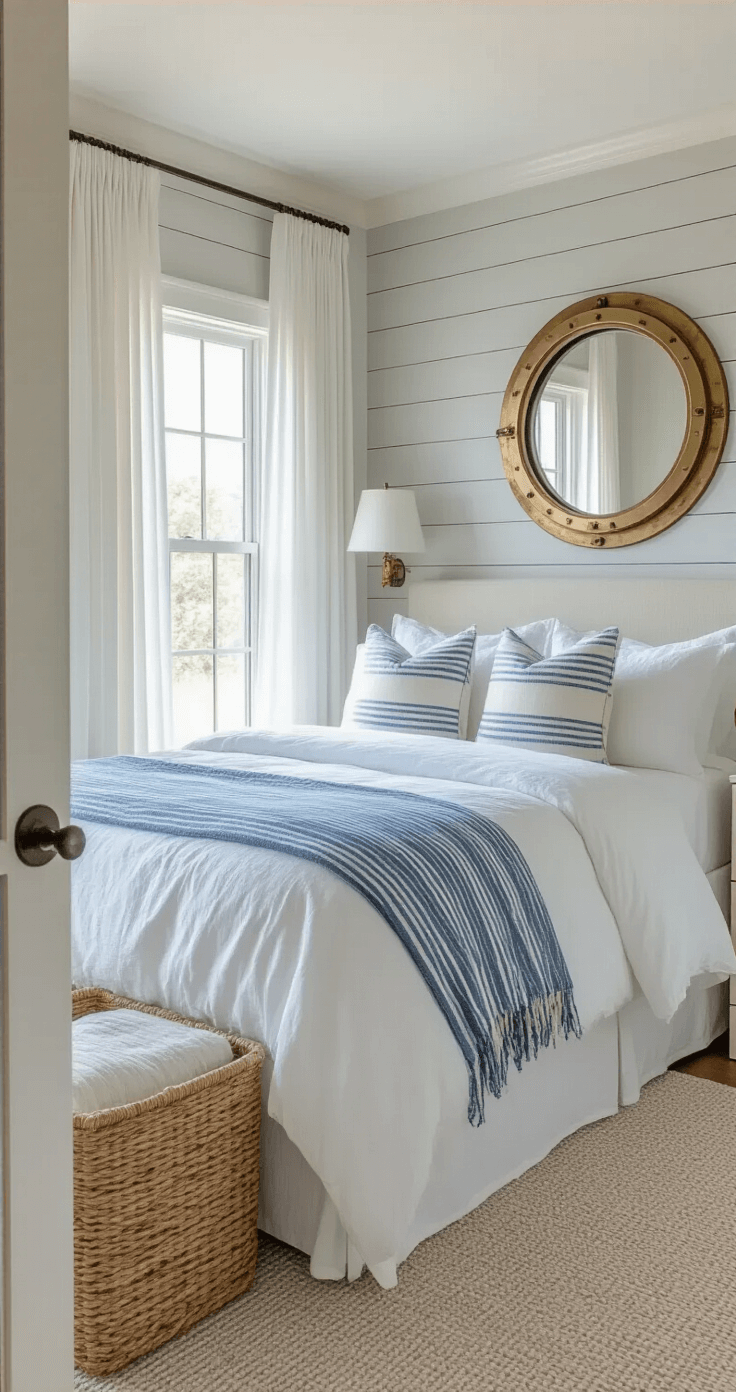 A master bedroom featuring a king-sized bed with crisp white linens and blue-striped throws, shiplap accent wall in pale gray, early morning light filtering through gauzy white curtains, and a large brass porthole mirror reflecting the serene atmosphere, captured from the doorway with natural lighting and focus on bedding details.